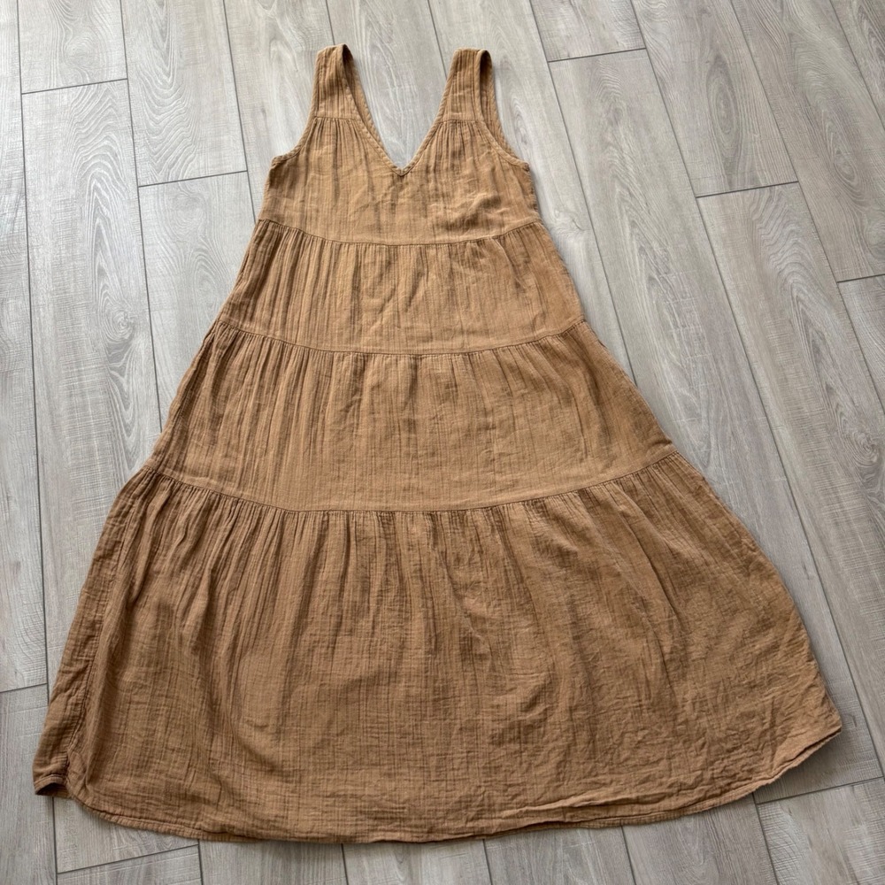 Quince Maxi Dress Womens Medium Brown Organic Cotton Gauze Tiered RK001-7057